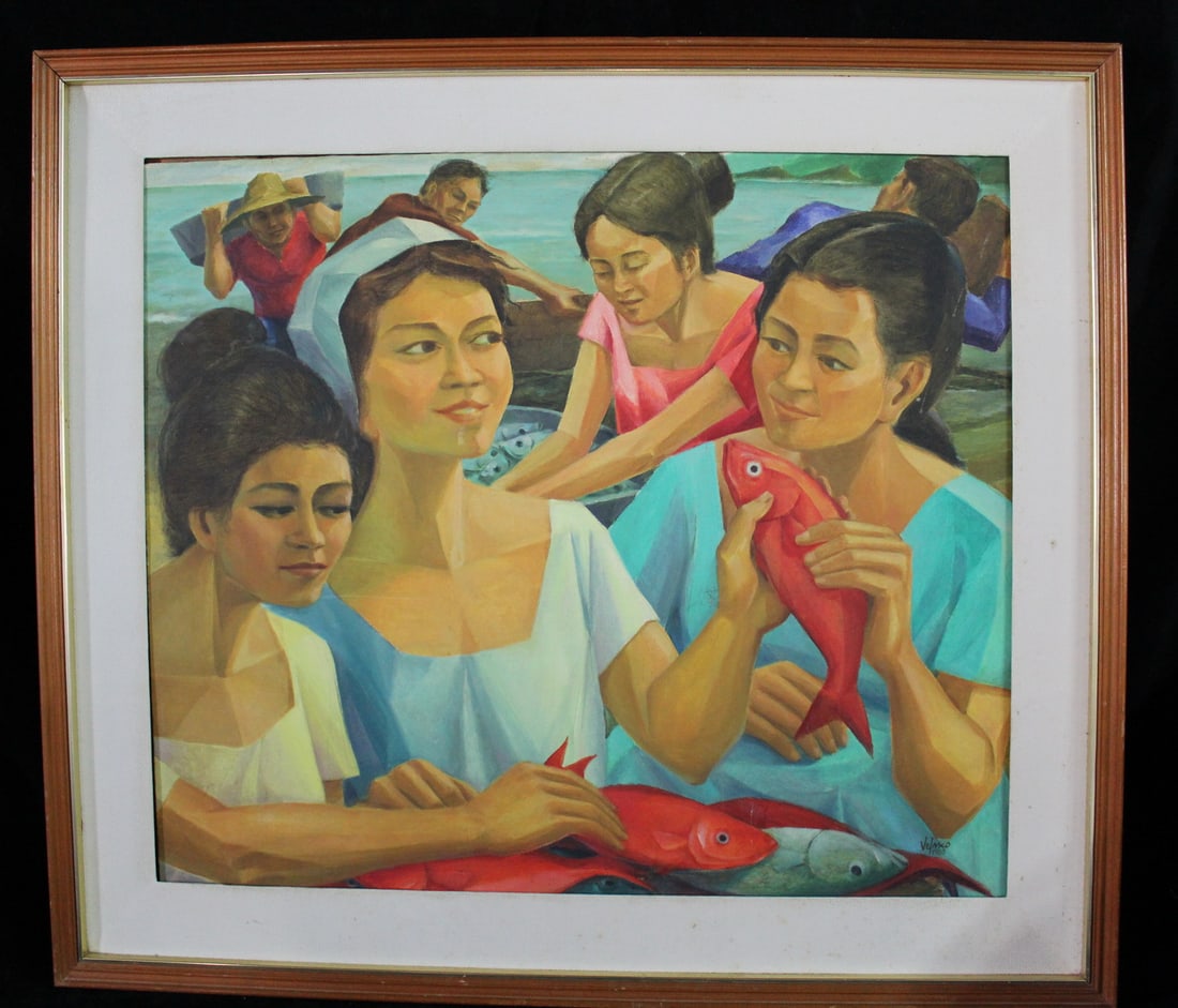 LYDIA VELASCO, "THE FISHWIVES", 1983, ACRYLIC ON CANVAS, 22 X 26 IMAGE, 28.5 X 33 OVERALL (1 of 9)