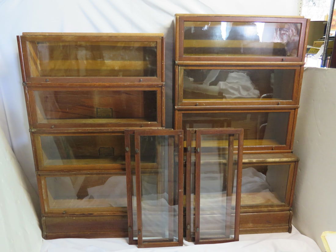 TWO GLOBE WERNICKE FOUR STACK BARRISTER BOOKCASES, PLUS ADDITIONAL DOORS--TOPS MISSING, 1@60 X 34 X (1 of 13)