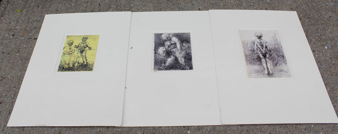 MALCOLM MCKESSON, 3  INK ON PAPER / CARD FIGURATIVE DRAWINGS, TITLE & DESCRIPTION TO REVERSE, (1 of 11)