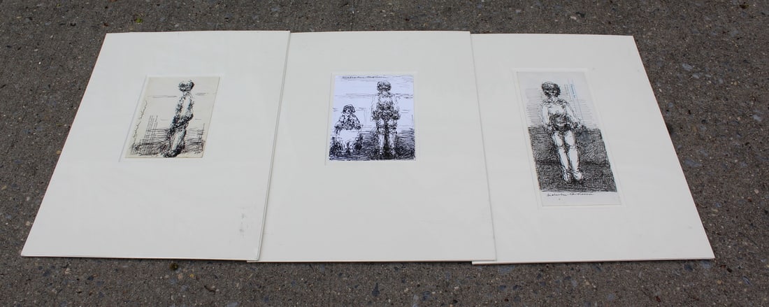MALCOLM MCKESSON, 3 SIGNED INK ON PAPER FIGURATIVE DRAWINGS, TITLE & DESCRIPTION TO REVERSE, (1 of 10)