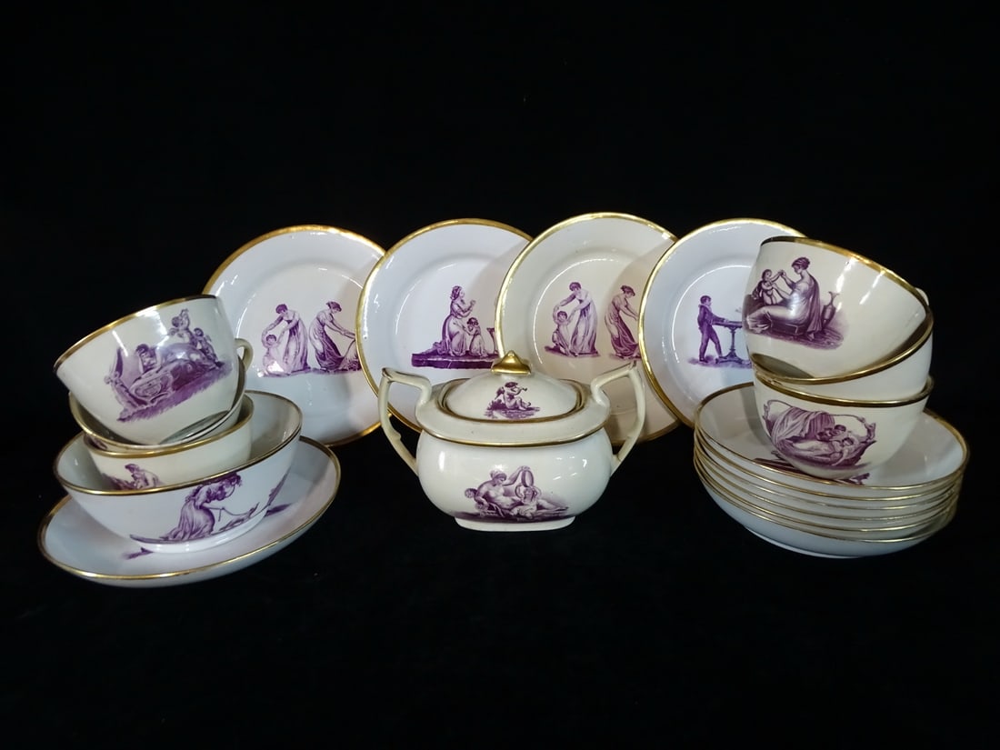 LOT OF ANTIQUE MILES MASON (?) "MOTHER AND CHILD" CUPS, SAUCERS, PLATES, 2 HANDLED VESSEL & BOWL, (1 of 20)