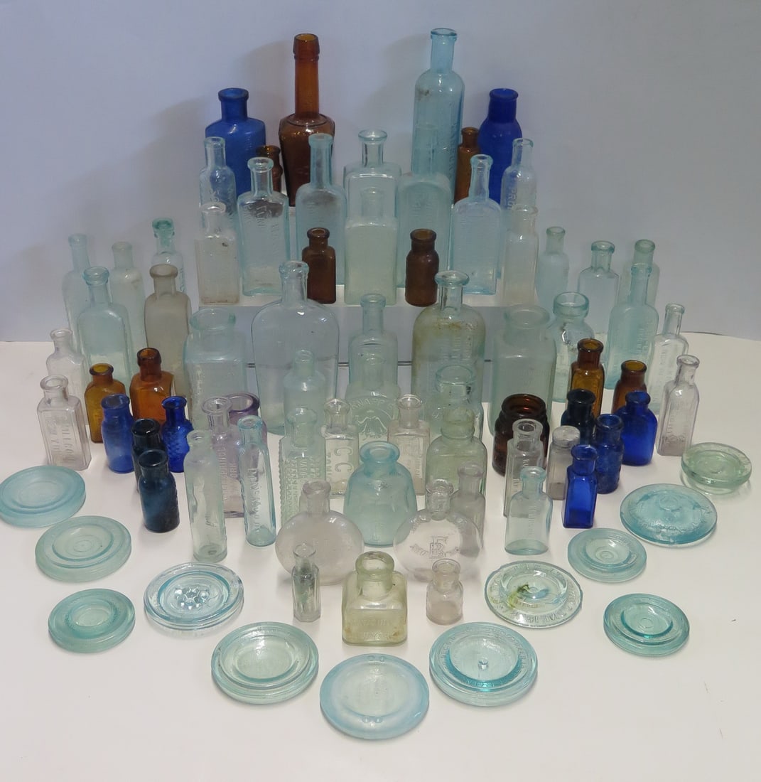 80+ PIECES ANTIQUE AND VINTAGE EMBOSSED GLASS BOTTLES, ETC?."INSTANT COLLECTION!" 6.5" TALLEST (1 of 17)