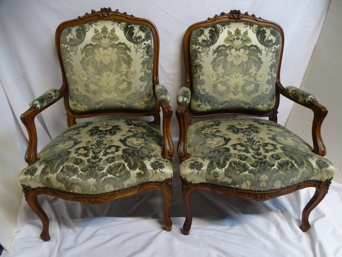 PAIR LOUIS XV STYLE FAUTIUILS, VELVET UPHOLSTERY 40" HIGH X 26" WIDE, 22" DEEP: PAIR LOUIS XV STYLE FAUTIUILS, VELVET UPHOLSTERY 40" HIGH X 26" WIDE, 22" DEEP