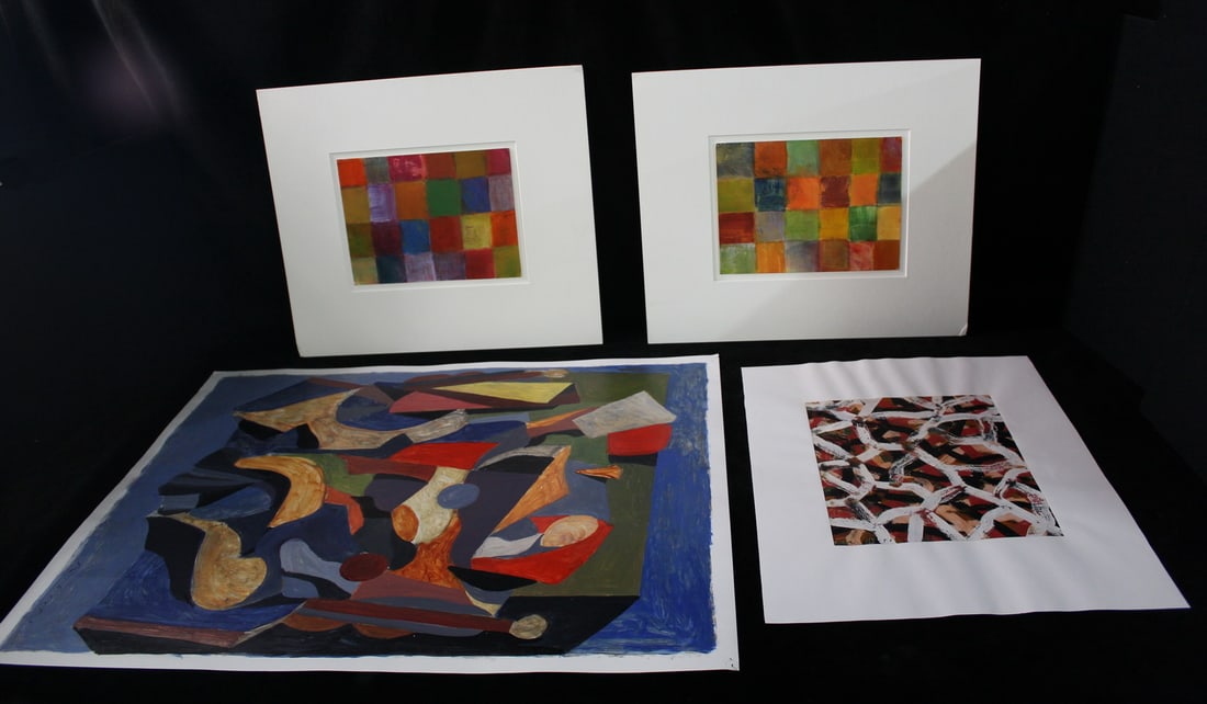 FOUR ABSTRACT ACRYLICS ON PAPER, 2 SIGNED "CLAY" AND TWO ILLEGIBLY SIGNED, LARGEST TITLED "FAMILY (1 of 13)