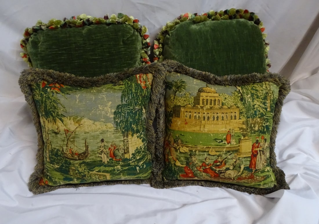 TWO PAIRS OF LUXURY PILLOWS /CUSHIONS (2) GREEN VELVET W/TRIM (2) DECORATED GREEN LINEN W/TRIM - 24" (1 of 6)