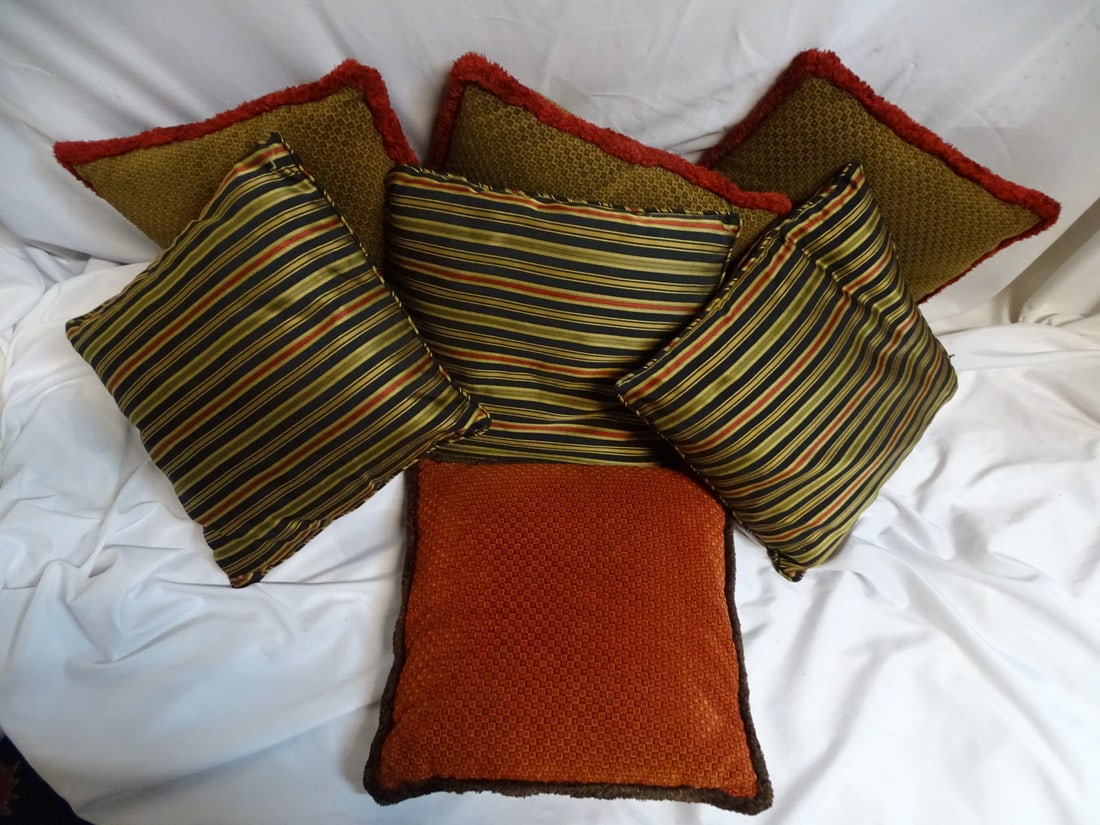 7 DOWN FILLED PILLOWS IN SHADES OF REDS, BROWNS & GREENS - LARGEST 24" SQUARE (1 of 7)
