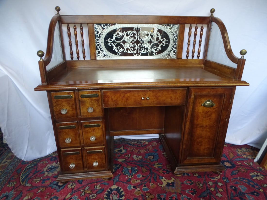 APOTHECARY INSPIRED DESK WITH TEXTURED FILIGREE ETCHED GLASS PANELS 49 X 50 X 23: APOTHECARY INSPIRED DESK WITH TEXTURED FILIGREE ETCHED GLASS PANELS 49 X 50 X 23