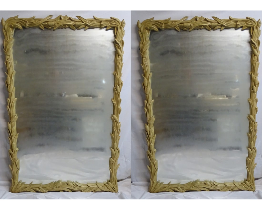 PAIR OVERSIZED CARVED WOOD, PAINT DECORATED CATTAIL MOTIF MIRRORS 66" X 43" (1 of 14)