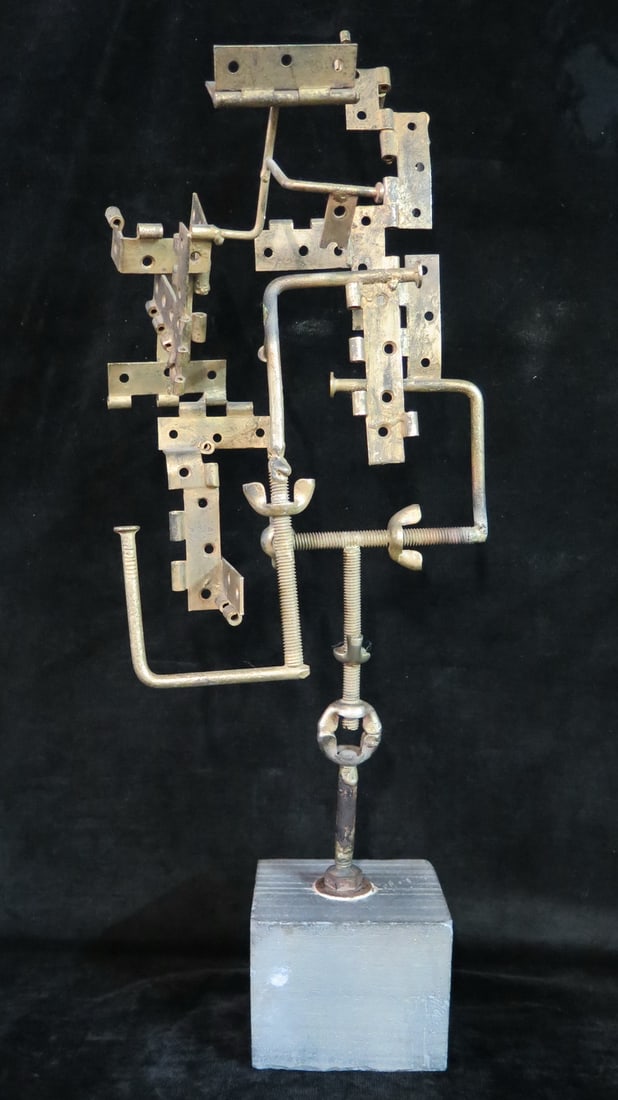 ABSTRACT SCULPTURE OF HINGES ON STONE BASE 21 1/2" X 8 1/2" X 6 1/2": ABSTRACT SCULPTURE OF HINGES ON STONE BASE 21 1/2" X 8 1/2" X 6 1/2"