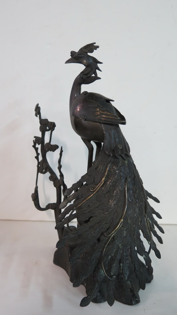 BRONZE PEACOCK INCENSE BURNER W/TREE TAIL FEATHER DETACHED 14" HIGH X 15" X 6" (1 of 17)