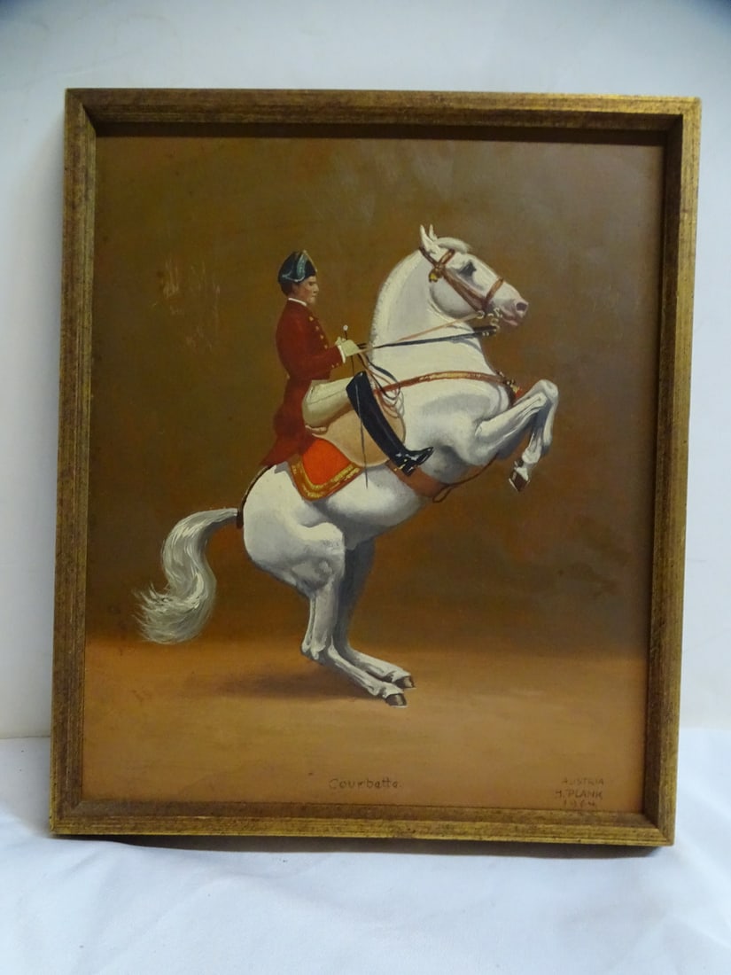 LIVING ESTATE OF JOSEPH RODANO: "COURBETTE NACH RECHTS" OIL PAINTING BY JOSEPH PLANK (1894-1977): This captivating oil painting, titled 'Courbette nach rechts' (Courbette to the Right) by Josef Plank, captures the dynamic movement of a Lipizzaner horse in mid-air. Lipizzaners are a famous breed kn