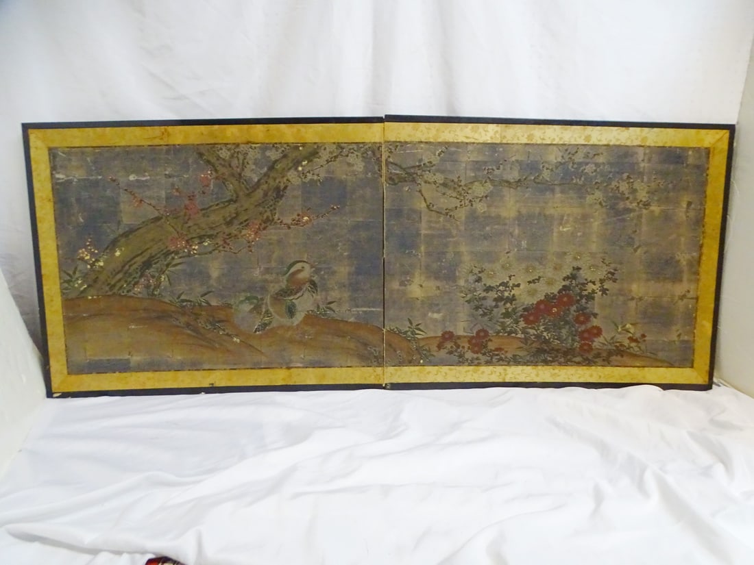 LIVING ESTATE OF JOSEPH RODANO:  TWO PANEL ORIENTAL SCREEN WITH BIRDS AND FLOWERS 29 X 73 (1 of 20)