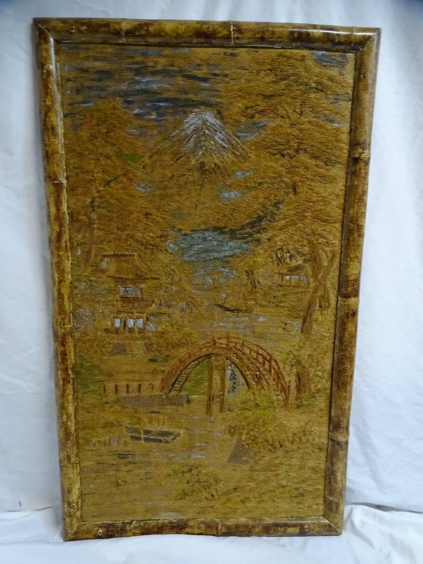 LIVING ESTATE OF JOSEPH RODANO: ASIAN TAPESTRY PANEL WITH BAMBOO FRAME 50.5 X 30.25: LIVING ESTATE OF JOSEPH RODANO: ASIAN TAPESTRY PANEL WITH BAMBOO FRAME 50.5 X 30.25