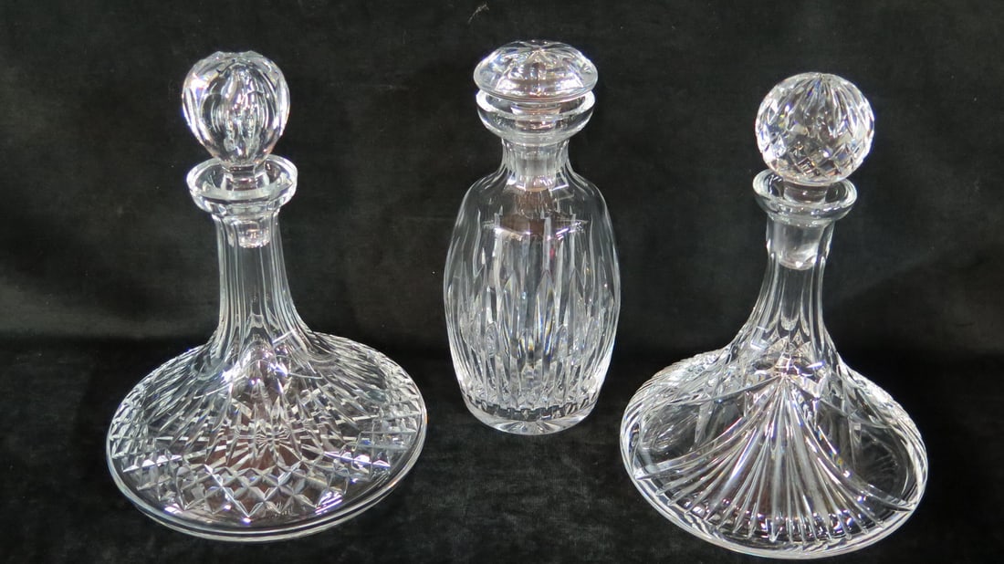 LIVING ESTATE OF JOSEPH RODANO:  THREE CRYSTAL DECANTERS, TWO WITH SHIPS, ONE MISSING STOPPER, (1 of 7)