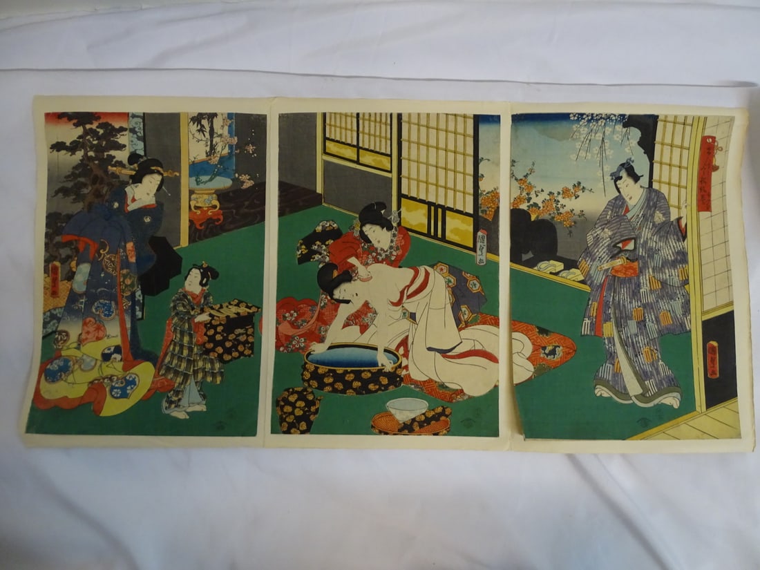 LIVING ESTATE OF JOSEPH RODANO:  KUNISADA SIGNED JAPANESE WOODBLOCK TRIPTYCH "PRINCE GENJI AND PRINC (1 of 15)
