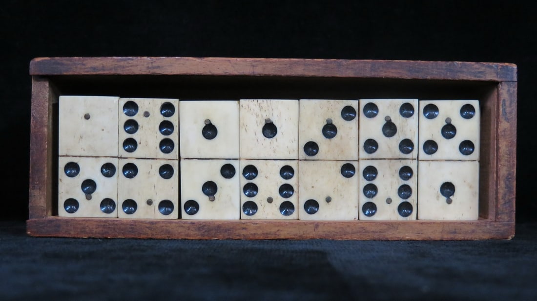 LIVING ESTATE OF JOSEPH RODANO:  EARLY DOMINOES SET IN WOODEN BOX, 2.5 X 7 X 2.5 (1 of 11)