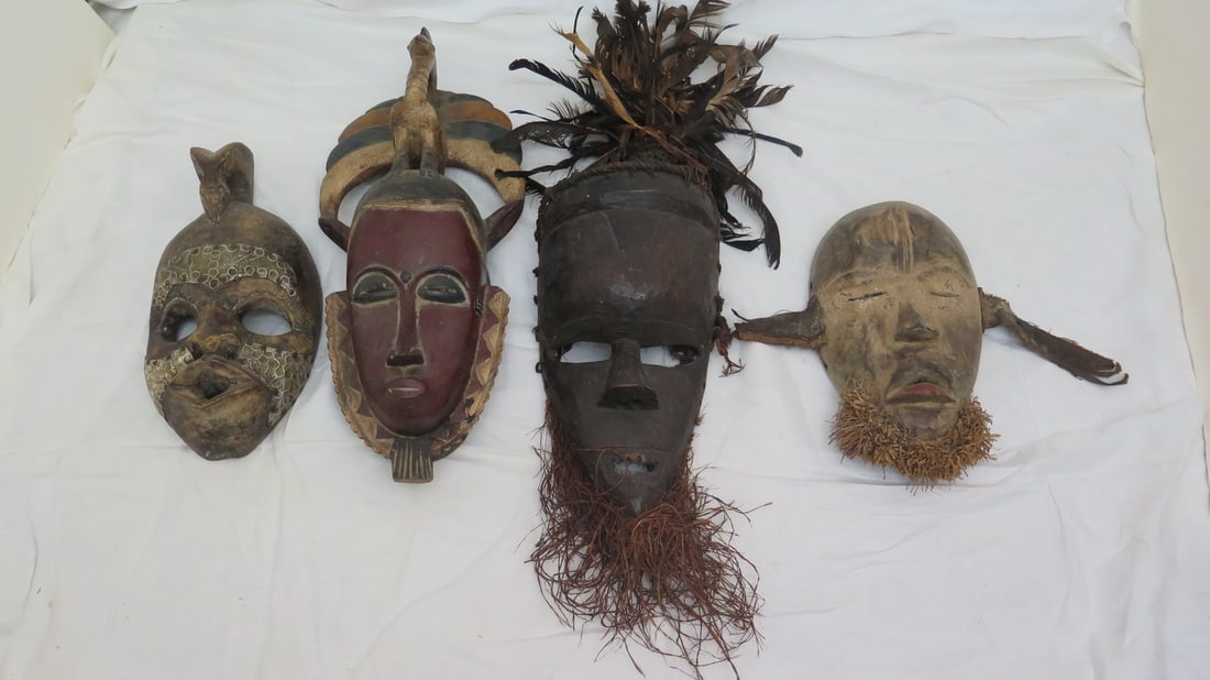 GROUP OF FOUR CONTEMPORARY AFRICAN MASKS, INC.. CONGO, IVORY COAST, AND GHANA, 24 X 7 X 6 LARGEST (1 of 14)