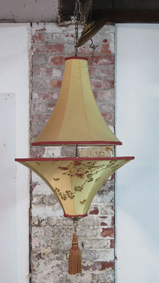 CHINESE SILK CHANDELIER WITH GOLD TASSEL, 53.5" X 22": CHINESE SILK CHANDELIER WITH GOLD TASSEL, 53.5" X 22"