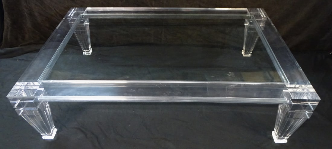 MID CENTURY LUCITE COCKTAIL/COFFEE TABLE WITH GLASS INSET TOP 14.75 X 53 X 33.5 (1 of 11)
