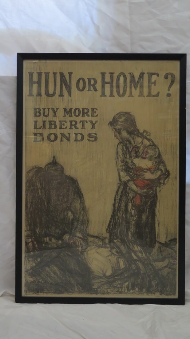 PATRICK HENRY RALEIGH "HUN OR HOME" WWI LIBERTY BOND POSTER, 29.5 X 19.5 IMAGE, 31 X 21 OVERALL (1 of 9)