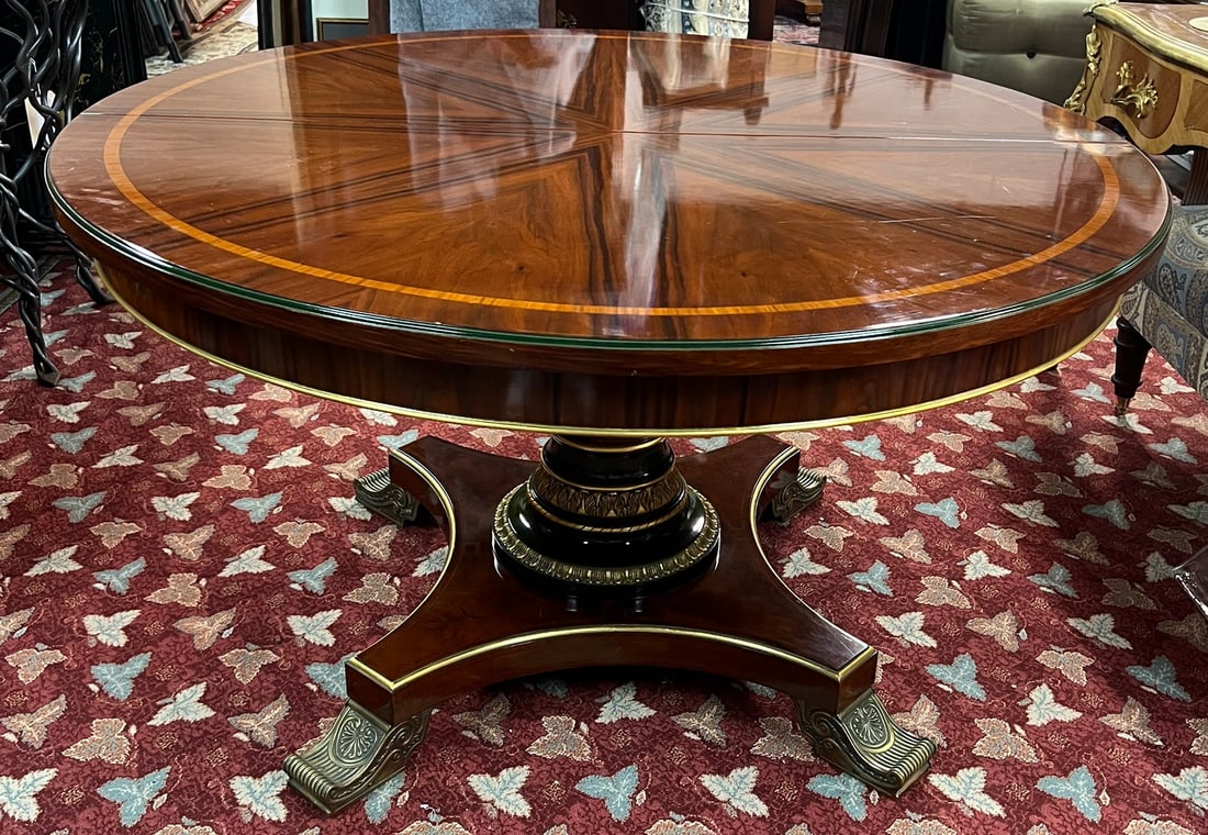 REGENCY STYLE INLAID CIRCULAR BRASS MOUNTED DINING TABLE WITH ONE 19.5" LEAF 28.75 X 51 DIA. (1 of 10)