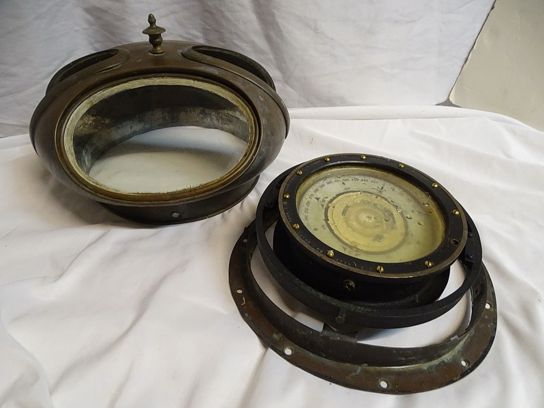 US NAVY SHIPS COMPASS (1942) ELKHART, INDIANA WITH COVER 13.75 X 18 DIA. COVER, 5.75 X 12 DIA. (1 of 17)