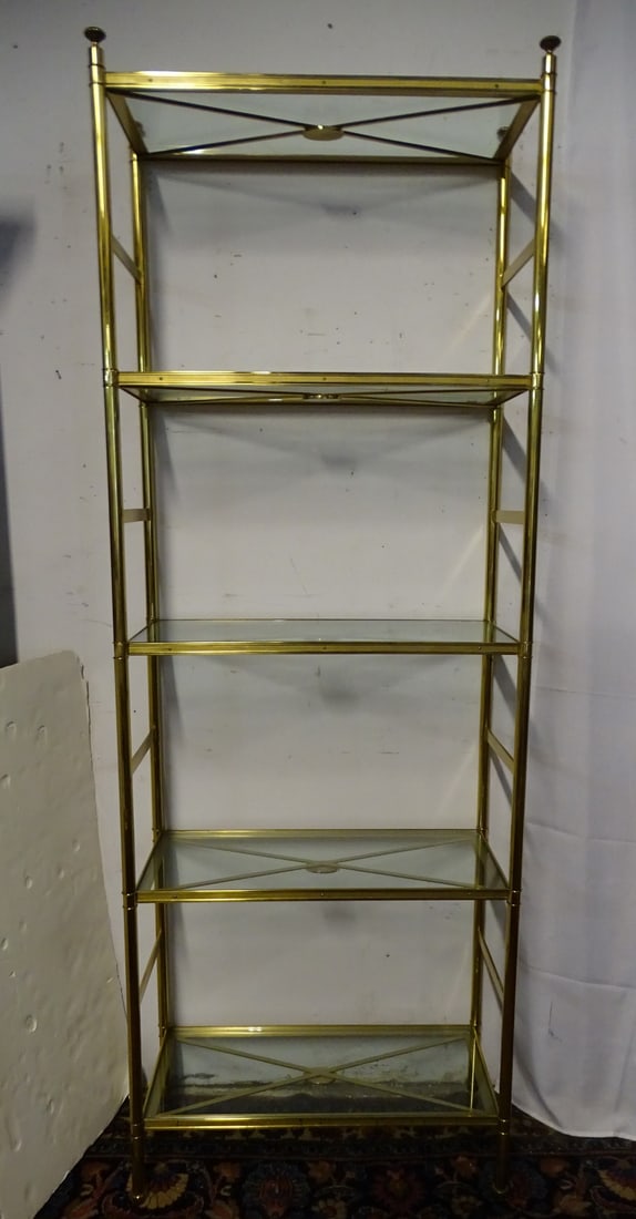 SUBSTANTIAL AND VERY STABLE FIVE TIER BRASS AND GLASS ETAGERE, SOME LOSSES EDGE OF SHELVES, 84 X (1 of 14)
