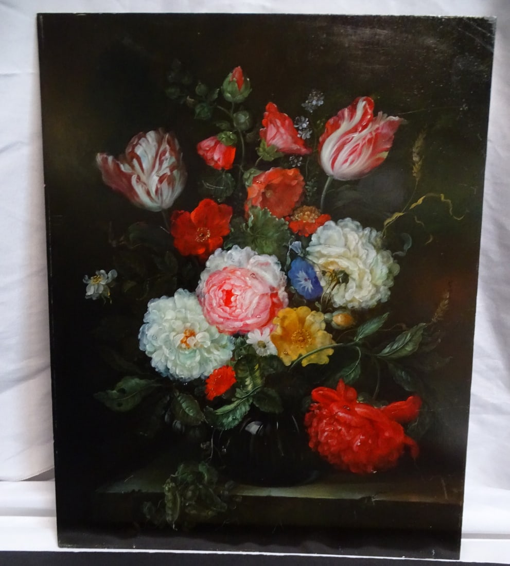 TOM CROWELL SIGNED OIL PAINTING STILL LIFE WITH FLOWERS 19.75" X 15.75": This is a 20th-century oil painting by Tom Crowell, a replica of the famous 17th-century work "A Carafe of Flowers with Blackberries" by Dutch Golden Age artist Hendrick Schoock (1604-1684). The origi