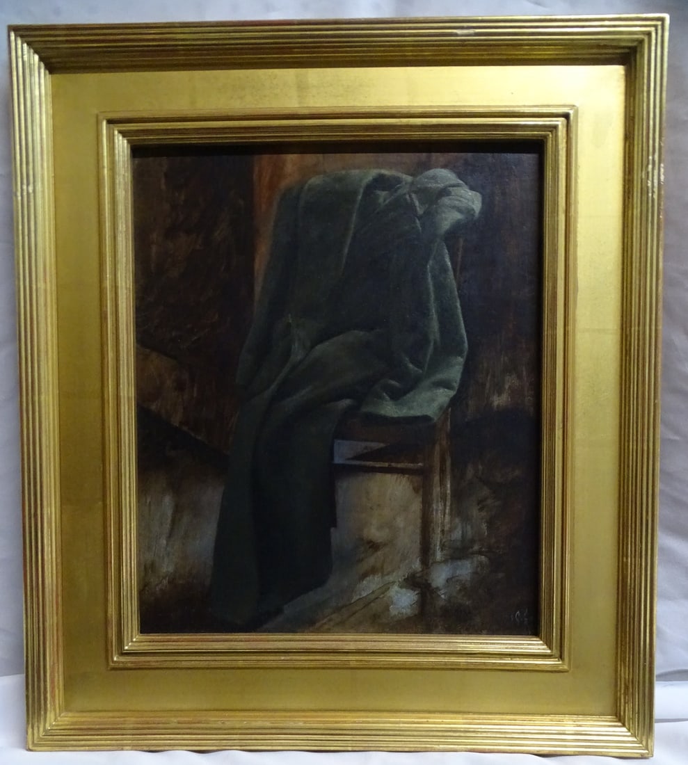 MICHAEL GRIMALDI MONOGRAMMED OIL ON BOARD MASONITE "STUDY OF LOADEN COAT" 20.25" X 17" OVERALL, 14" (1 of 8)
