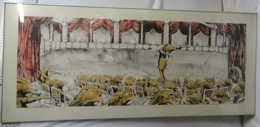 BOSTERK SIGNED HANDCOLORED LITHOGRAPH "THE RACCOON SYMPHONIC" 28.25 X 76 IMAGE, 36.5 X 85 OVERALL (1 of 10)