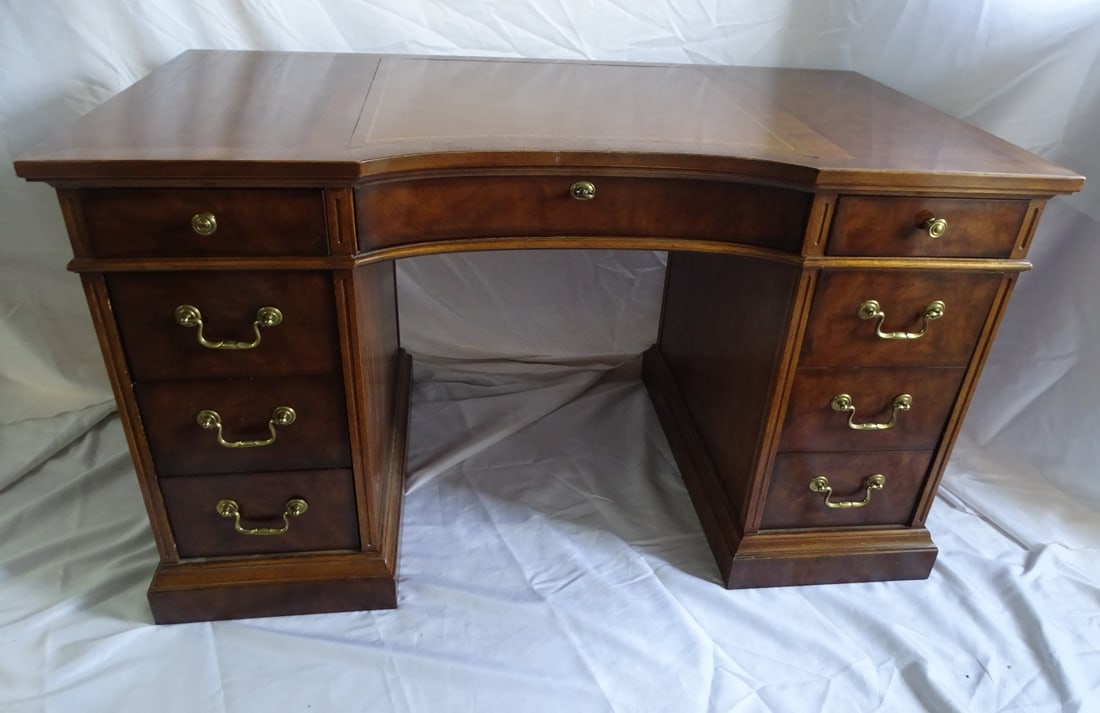 BURLED WOOD INLAID LEATHER TOP KNEEHOLE DESK 29.5 X 52.5 X 28 (1 of 19)