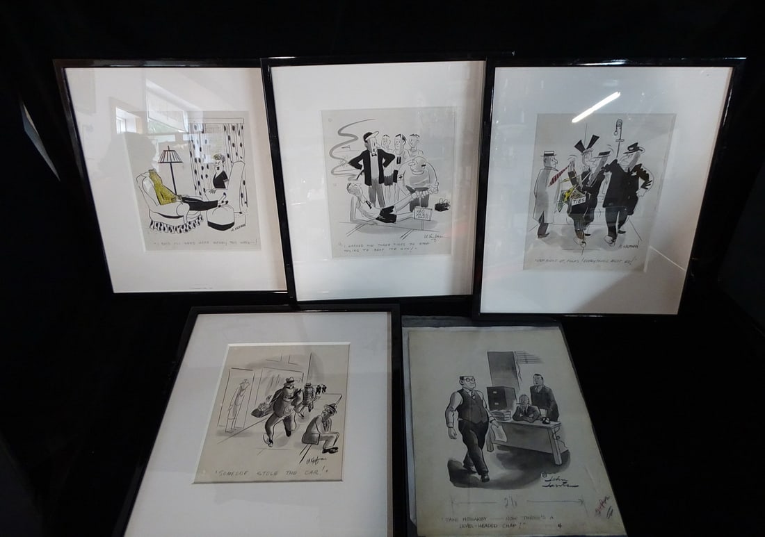 FIVE ORIGINAL HANDRAWN CARTOON ILLUSTRATIONS INC.. AL KAUFMAN (FOUR FRAMED), 17.5 X 15 LARGEST (1 of 20)