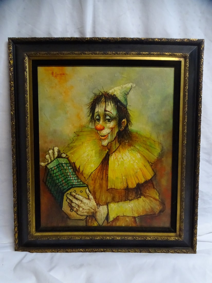 ARMAND LOURENCO FRENCH (1925-2004) "CLOWN WITH ACCORDION" OIL ON CANVAS 23 1/2" X 19" IMAGE (1 of 7)
