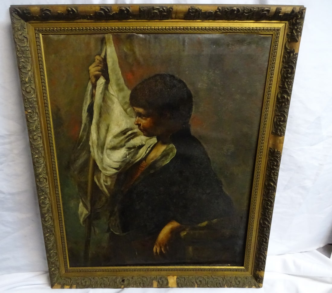 OIL ON CANVAS "IMAGE OF A YOUNG FLAG BEARER" 34 1/2" X 27" IMAGE: OIL ON CANVAS "IMAGE OF A YOUNG FLAG BEARER" 34 1/2" X 27" IMAGE