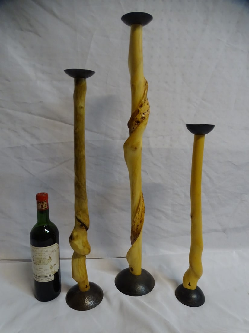 IMPRESSIVE GROUP OF 3 DAVID EBNER TWISTED SASSAFRAS WOOD AND HAMMERED BRONZE CANDLESTICKS (1 of 20)