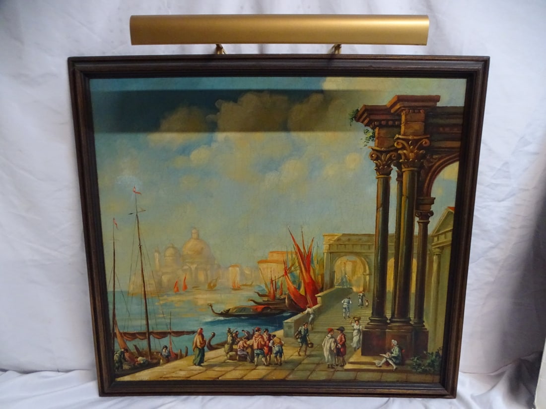 LIVING ESTATE OF JOSEPH RODANO: 19C OLD WORLD ROMAN RUINS AT SEA PORT, OIL PAINTING, 33.5 X 37.25: Transport yourself to a world of antiquity with a captivating 19th-century oil painting showcasing Roman ruins nestled against a vibrant sea port. The scene itself is a story waiting to be told: weath