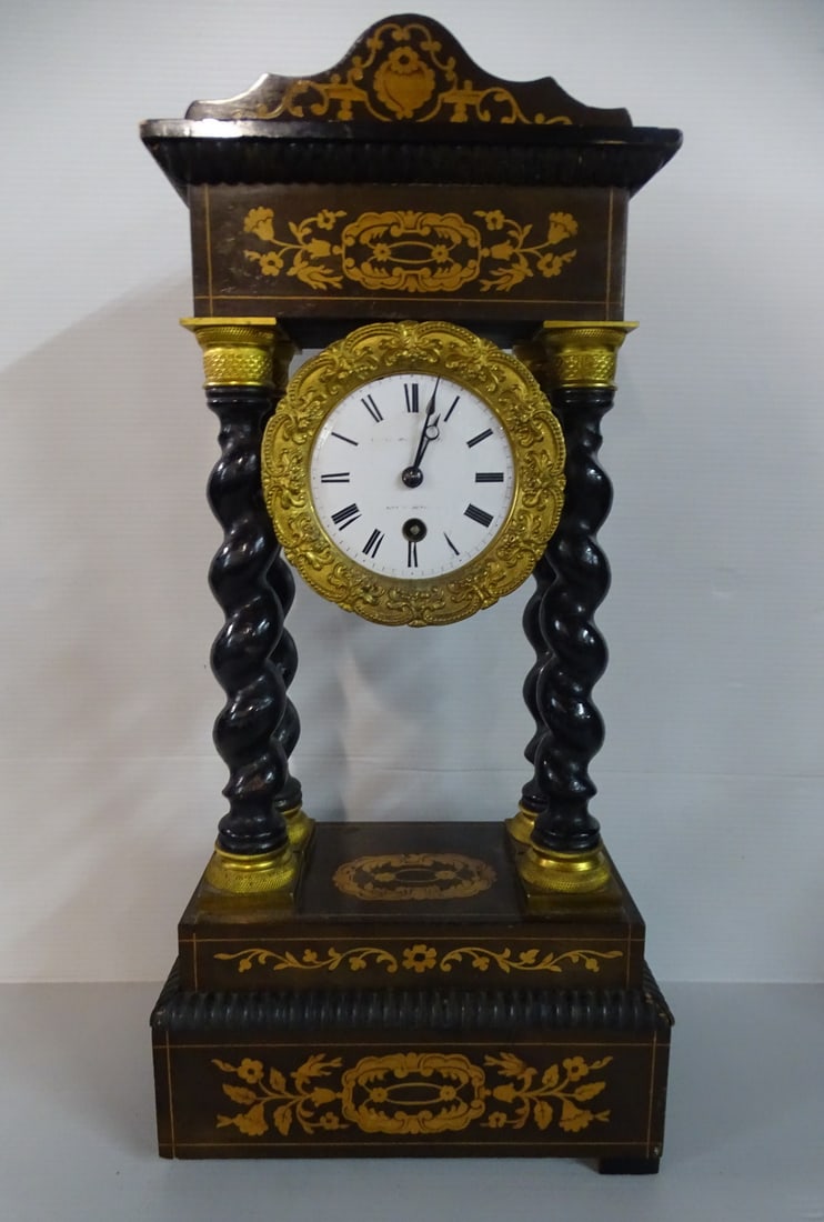 FRENCH INLAID BARLEY TWIST BRASS MOUNTED SHELF CLOCK 18 1/2" X 8 1/2" X 5 (1 of 16)