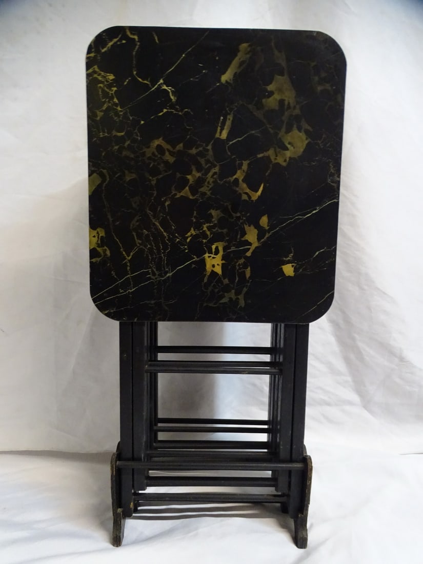 LIVING ESTATE OF JOSEPH RODANO: MIDCENTURY HAND PAINTED BLACK FOLDING TABLES, SET OF 4 WITH CARRIER (1 of 11)