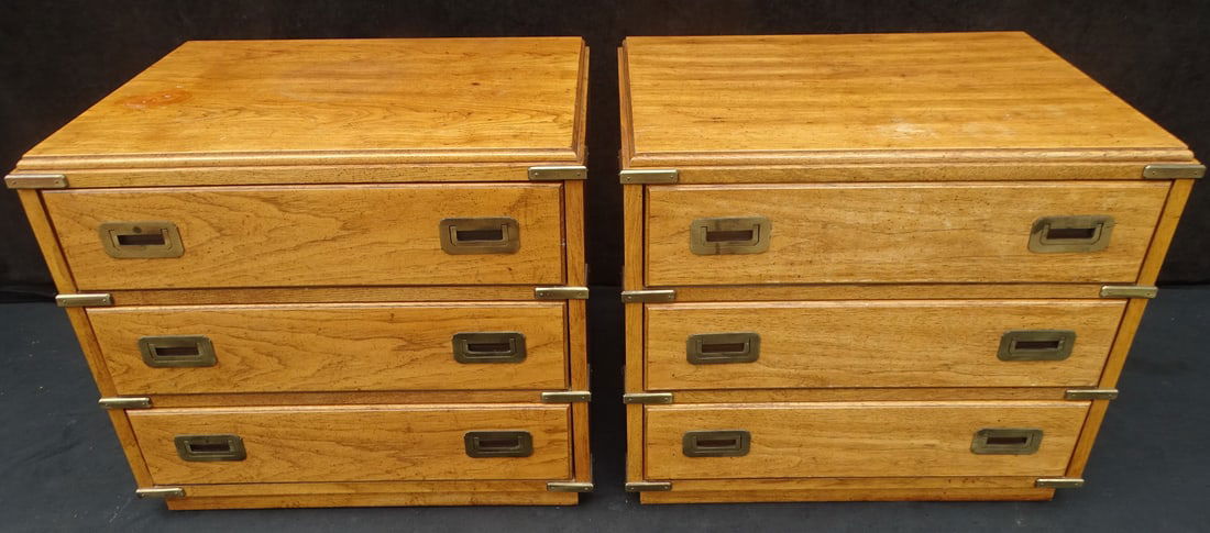 ESTATE OF DENNIS P. RODANO: PAIR OF CAMPAIGN STYLE BRASS MOUNTED 3 DRAWER CHEST 22" X 25" 18 1/4" (1 of 14)