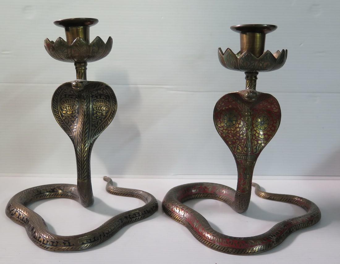 ESTATE OF DENNIS P. RODANO: PAIR OF ENAMELED BRONZE COBRA FIGURAL CANDLESTICKS  CIRCA 1910 8 1/4" (1 of 16)