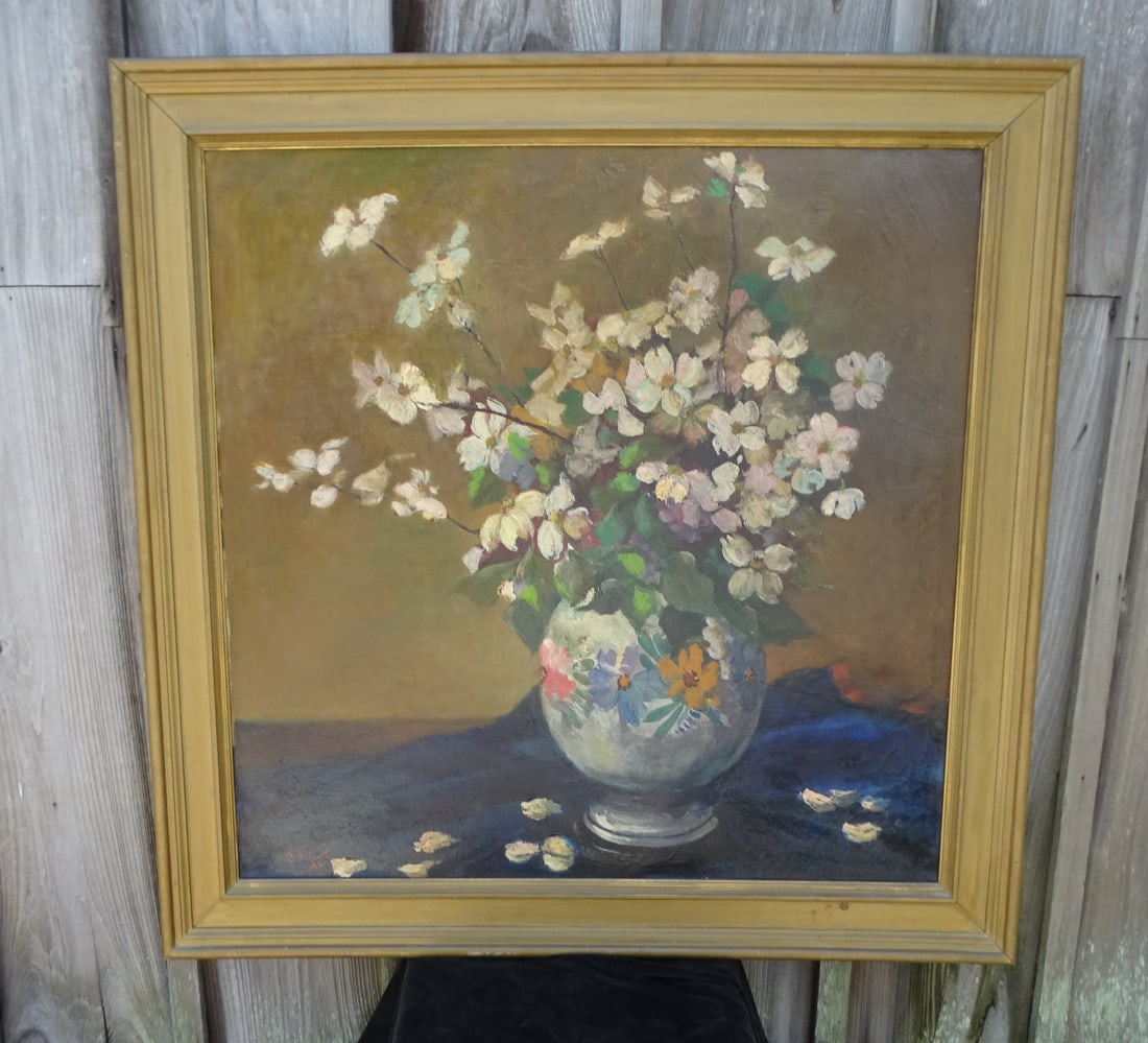 ESTATE OF DENNIS P. RODANO: G. D'ANDREA OIL ON CANVAS WITH GILT FRAME STILL LIFE WITH BLUE VASE 40 (1 of 5)