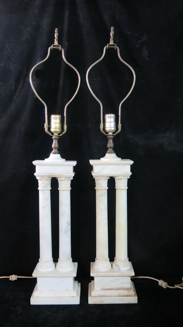 PAIR OF ALBASTER DOUBLE COLUMN LAMPS 34.5" TO FINIAL, 24" TO SOCKET (1 of 15)