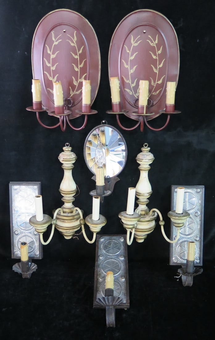 GROUP OF COLONIAL STYLE SCONCES INCLUDING MIRRORED 25.5"H X 8.5" (1 of 18)