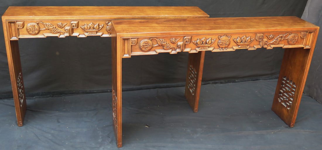 ESTATE OF DENNIS P. RODANO: PAIR OF ASIAN STYLE CONSOLES 28 X 48 X 9.5: Bring a touch of timeless elegance to your home with this attractive pair of Asian-style console tables. Crafted from dark wood with a simple design, these versatile tables will complement a variety o