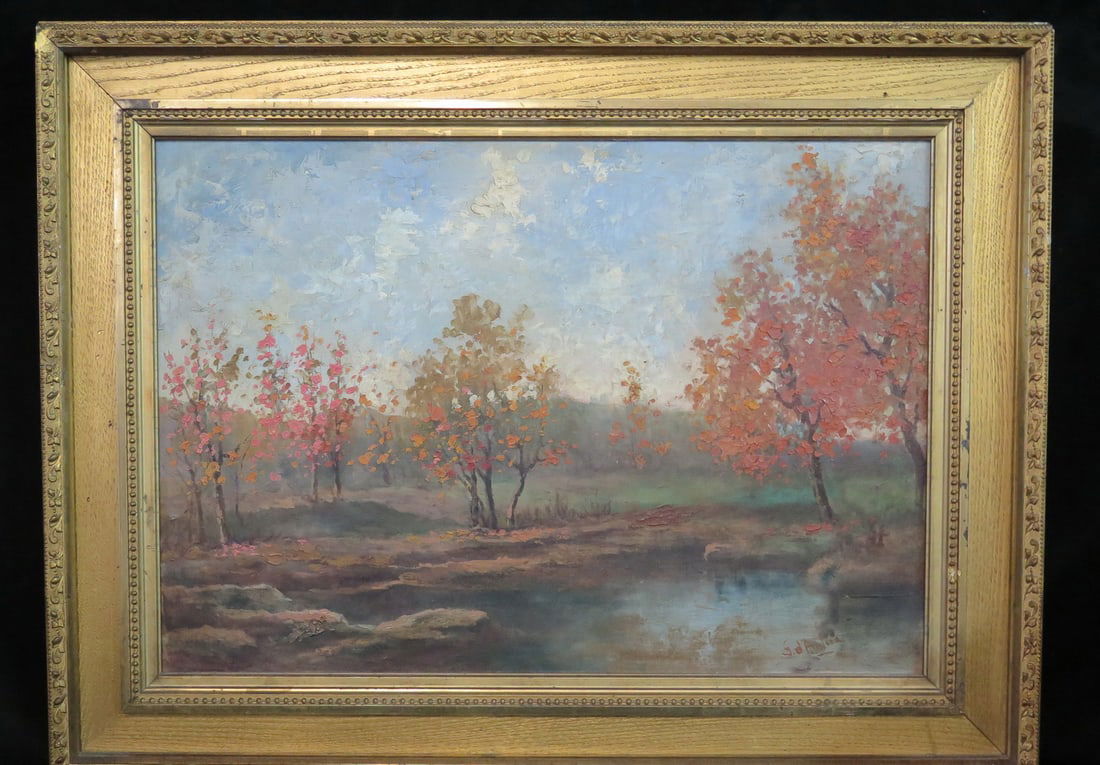 ESTATE OF DENNIS P. RODANO: G. D'ANDREA OIL ON BOARD, FALL LANDSCAPE (NO DATE), WITH TREES AND POND, (1 of 8)