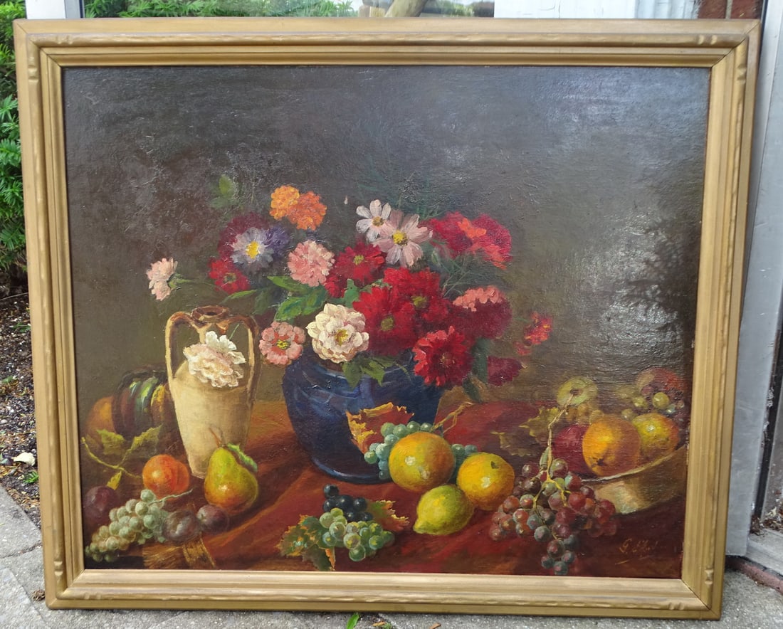 ESTATE OF DENNIS P. RODANO: G. D'ANDREA OIL ON BOARD STILL LIFE WITH FRUIT AND FLOWERS, 23.75 X 20: Introduce a touch of timeless elegance to your home with this captivating G. D'Andrea oil on board still life painting. This 23.75 x 20-inch artwork features a vibrant arrangement of fruits and flower