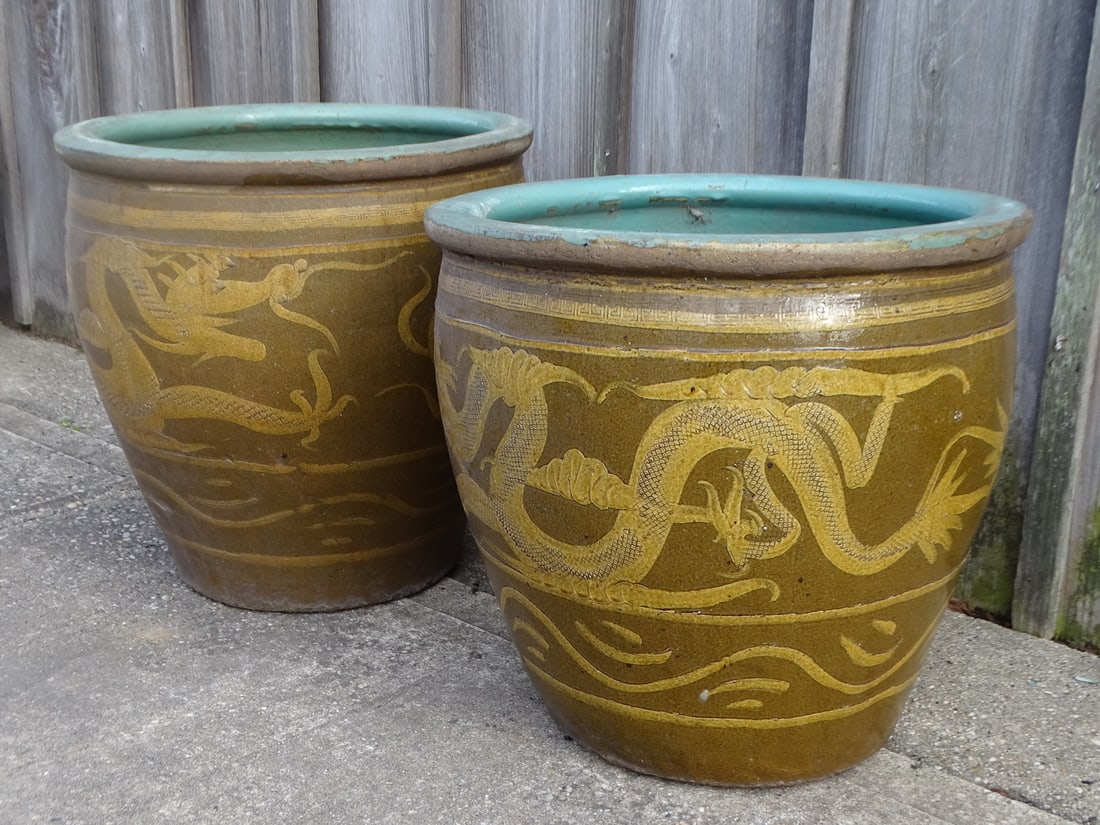 NEAR PAIR DRAGON MOTIF POTTERY PLANTERS, LARGEST 20" HIGH X 20" DIA. (1 of 8)
