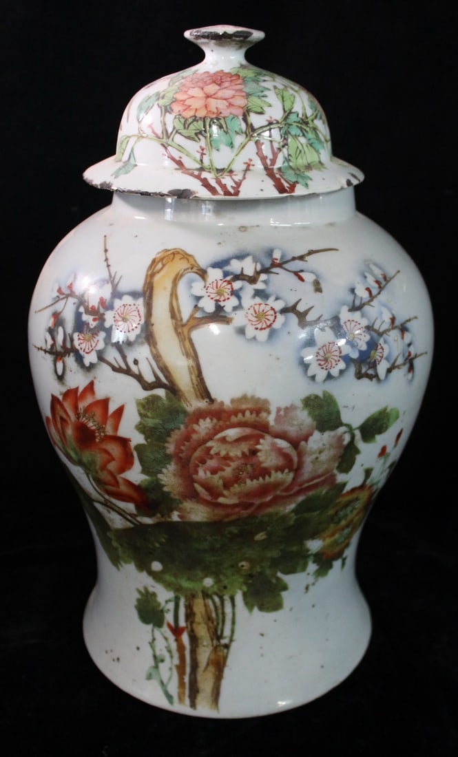 CHINESE TEMPLE JAR WITH BIRD AND CHERRY BLOSSOM MOTIF, 16.5 X 9.5 (1 of 15)