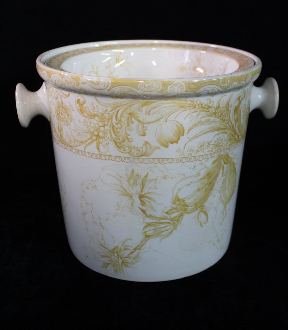 ENGLISH TRANSFERWARE IRONSTONE SLOP JAR, SOME REPAIRS AND CRAZING, 9.25 X 12 X 10DIA: Bring a touch of history and vintage charm to your home with this captivating English transferware ironstone slop jar, boasting a floral pattern and rich past. Standing 9.25 inches tall, 12 inches wid
