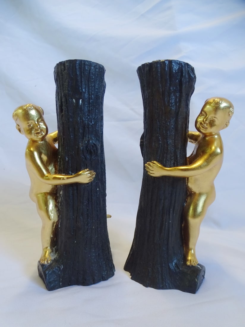 PAIR OF BRONZE CANDLESTICKS, BOYS CLIMBING TREES, 10"H (1 of 12)